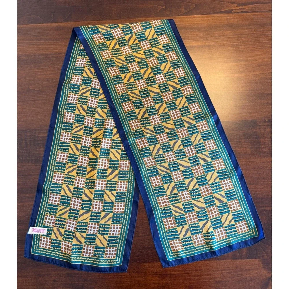 Vintage 80s ACUTE Silk‎ Scarf Navy Gold Geometric Animal Op Art Power Dressing